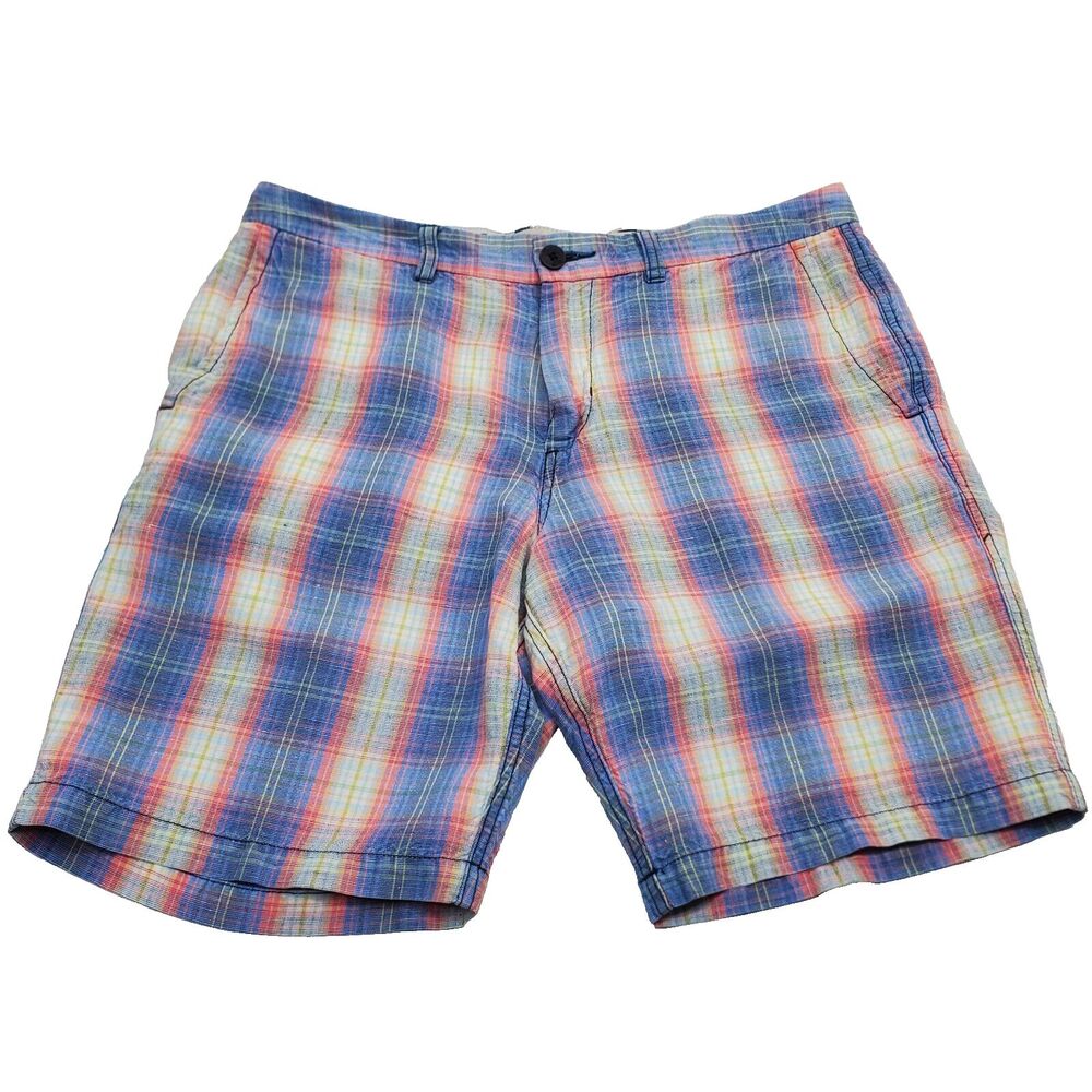 TOMMY BAHAMA Linen Lyocell Checkered Multi Color Beach Shorts Blue Pink Men's 32